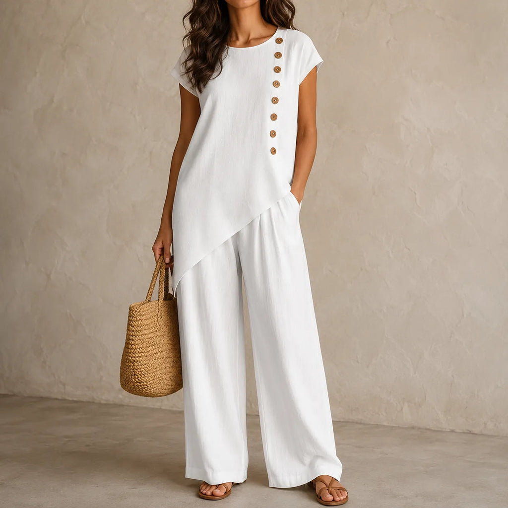 Elovena – Asymmetric Hem Top & Wide-Leg Pants Set