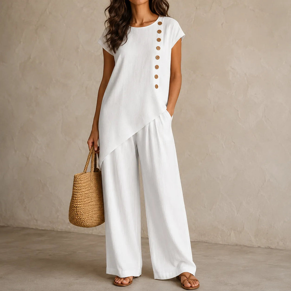 Elovena – Asymmetric Hem Top & Wide-Leg Pants Set