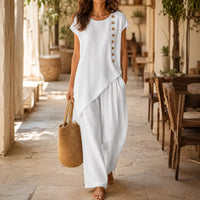 Elovena – Asymmetric Hem Top & Wide-Leg Pants Set