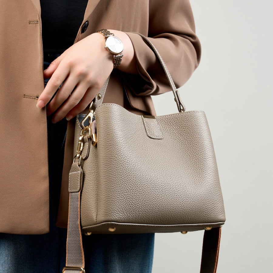 Dahlia Gold-Trim Leather Bucket Bag