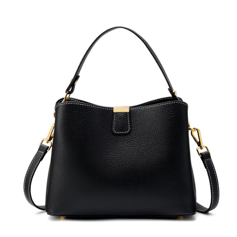 Dahlia Gold-Trim Leather Bucket Bag