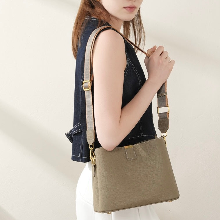 Dahlia Gold-Trim Leather Bucket Bag