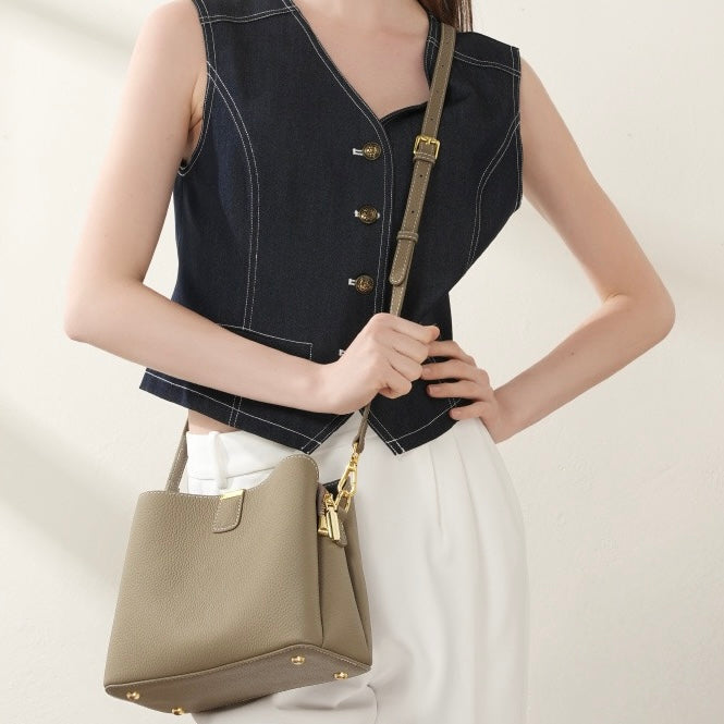 Dahlia Gold-Trim Leather Bucket Bag