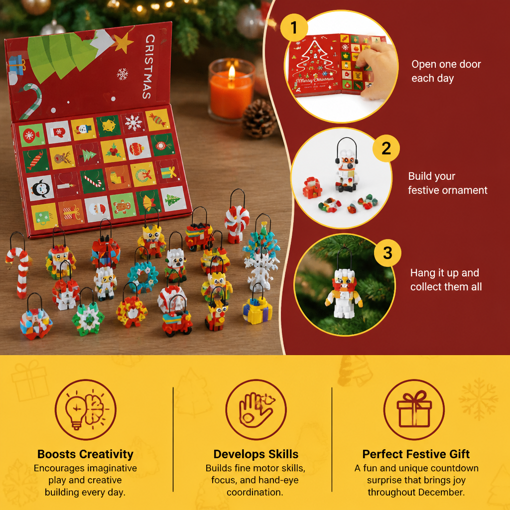 How it works: open a door, build an ornament, hang it on the tree