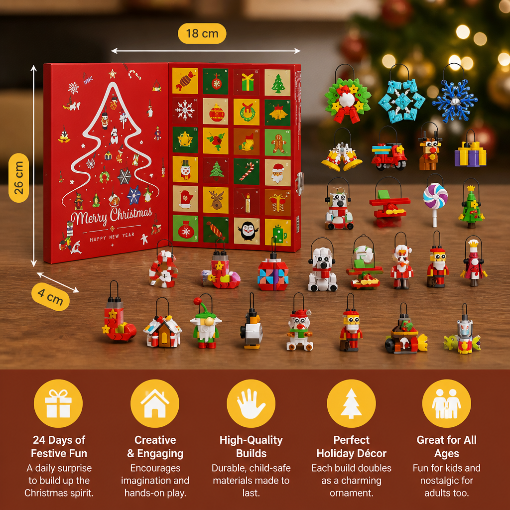 Advent calendar size 26 x 18 x 4 cm with all 24 mini ornament builds
