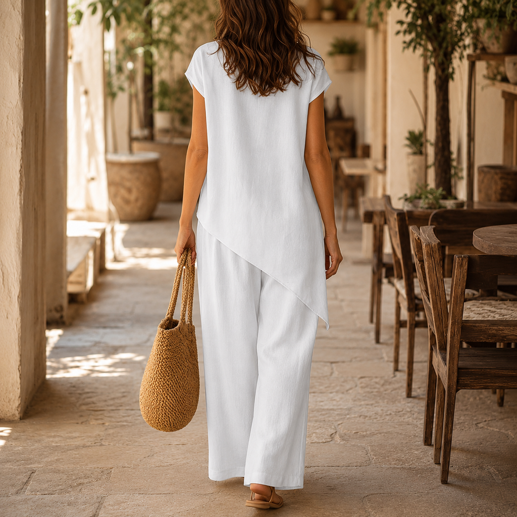 Elovena – Asymmetric Hem Top & Wide-Leg Pants Set