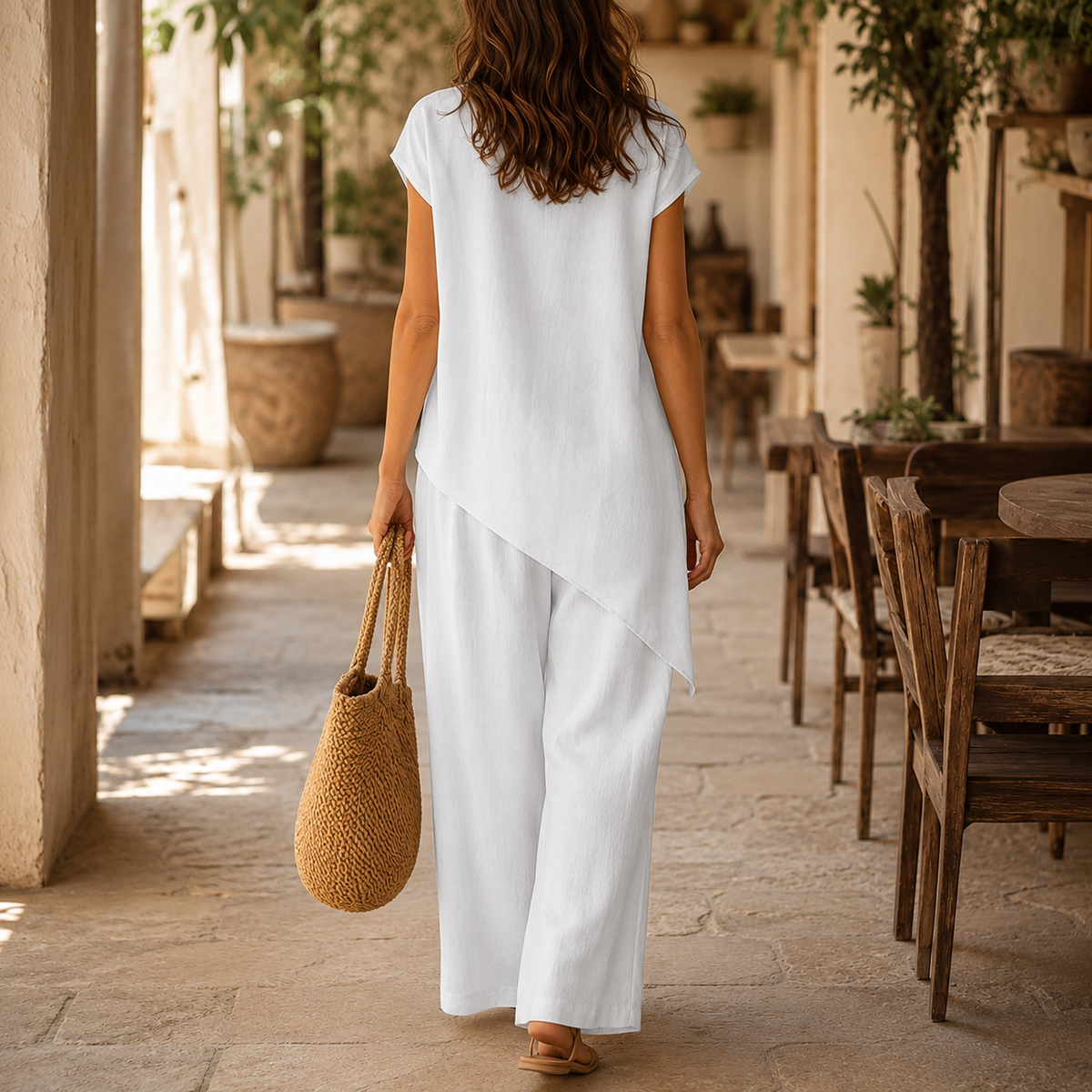 Elovena – Asymmetric Hem Top & Wide-Leg Pants Set