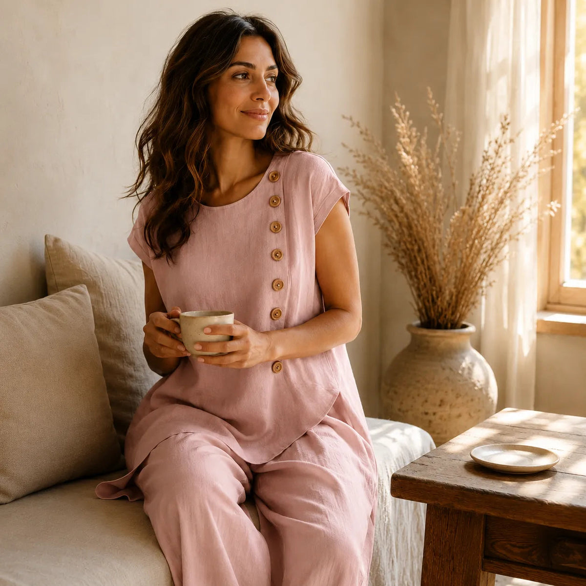 Elovena – Asymmetric Hem Top & Wide-Leg Pants Set