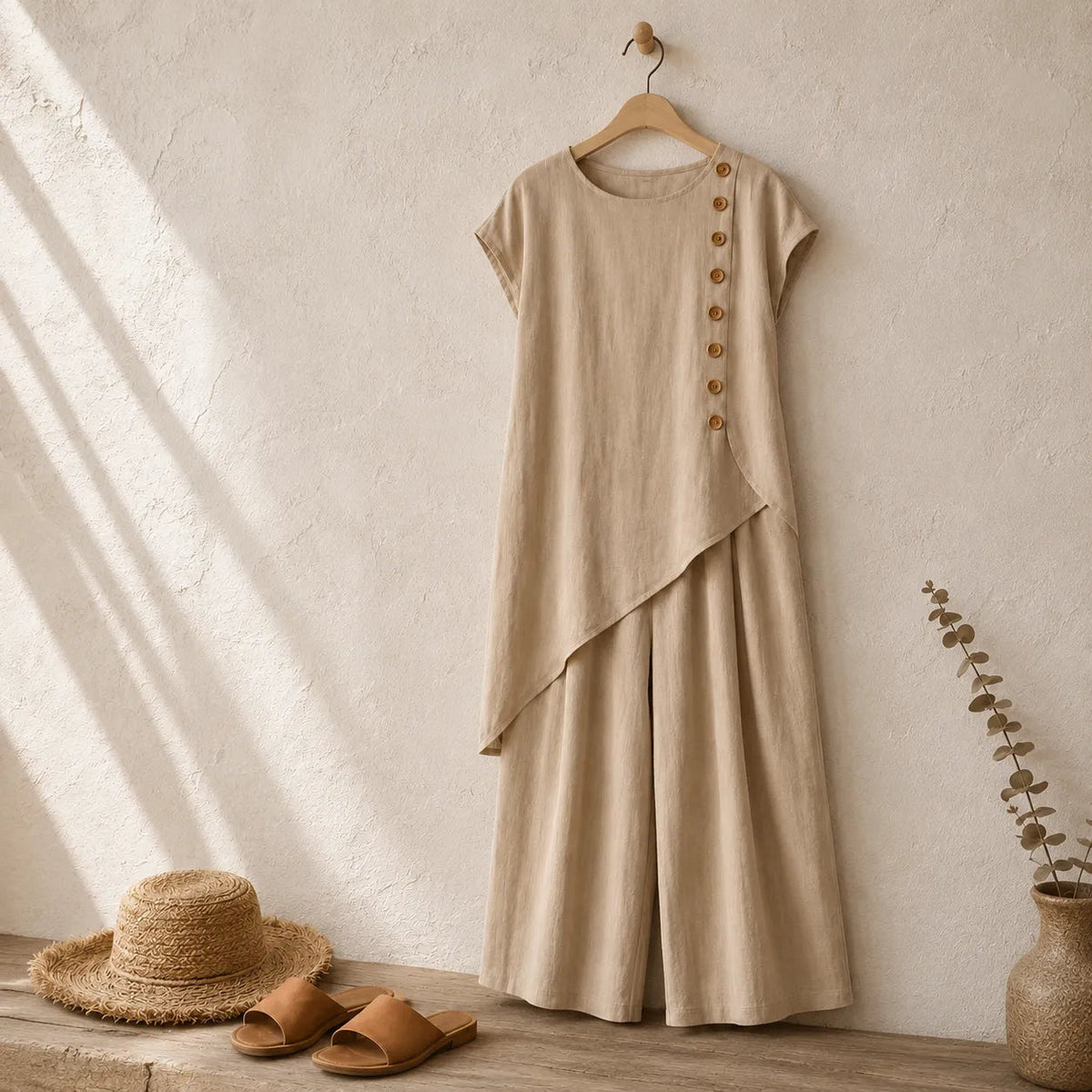 Elovena – Asymmetric Hem Top & Wide-Leg Pants Set