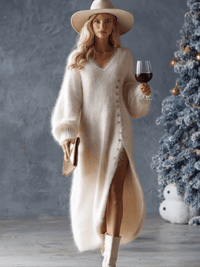 Maribel – Fluffy Knit V-Neck Midi Dress
