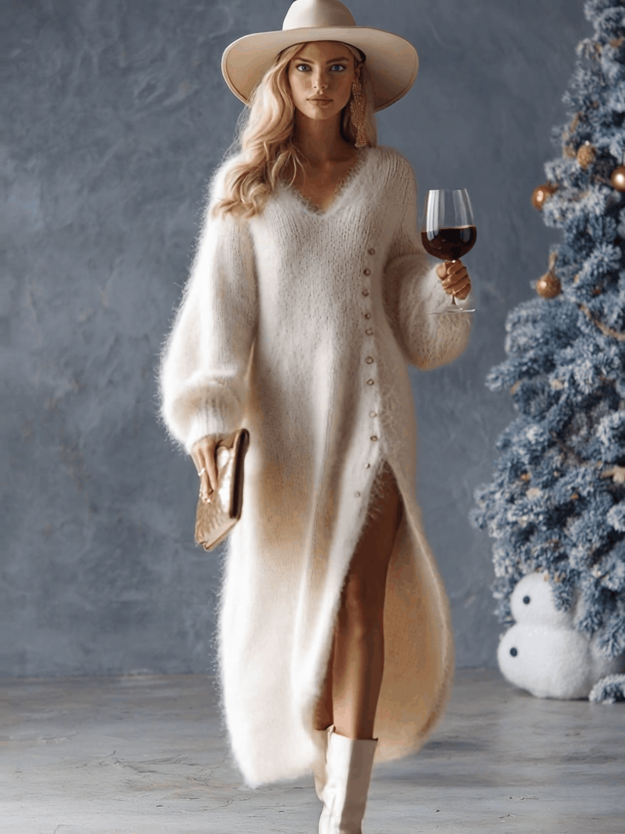 Maribel – Fluffy Knit V-Neck Midi Dress