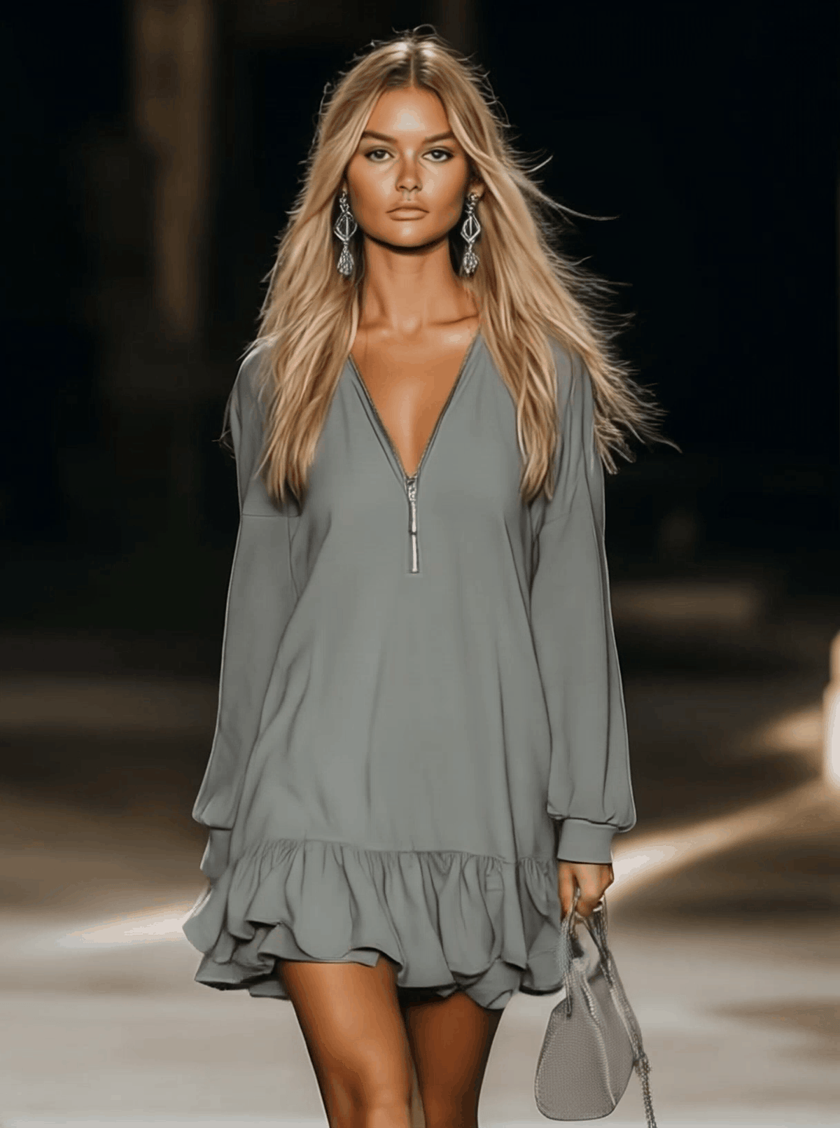 Mabel – Zip V-Neck Ruffle-Hem Mini Dress