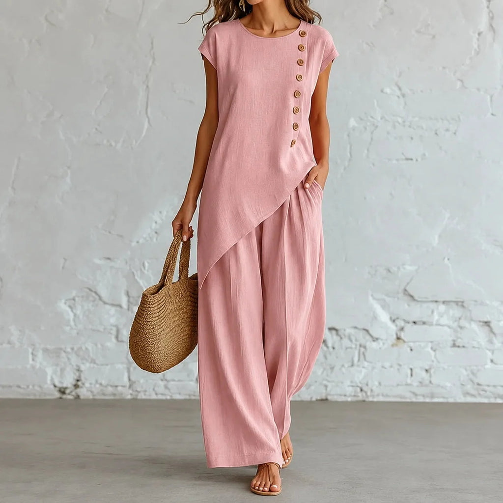 Elovena – Asymmetric Hem Top & Wide-Leg Pants Set