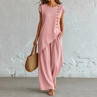 Elovena – Asymmetric Hem Top & Wide-Leg Pants Set