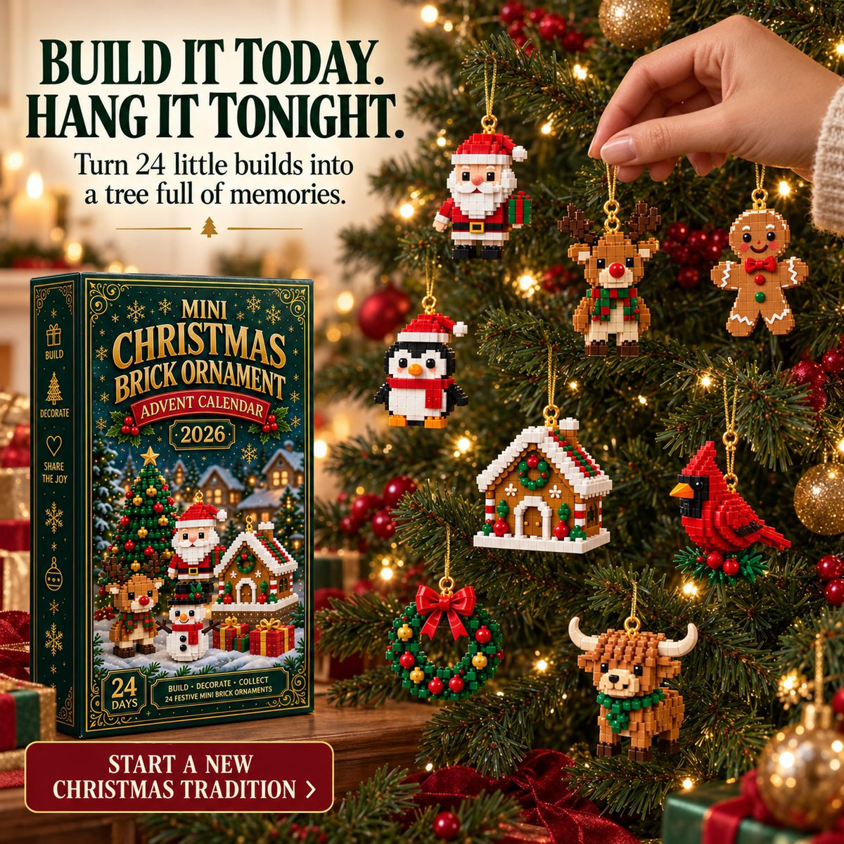 Hanging a mini brick reindeer ornament on the tree