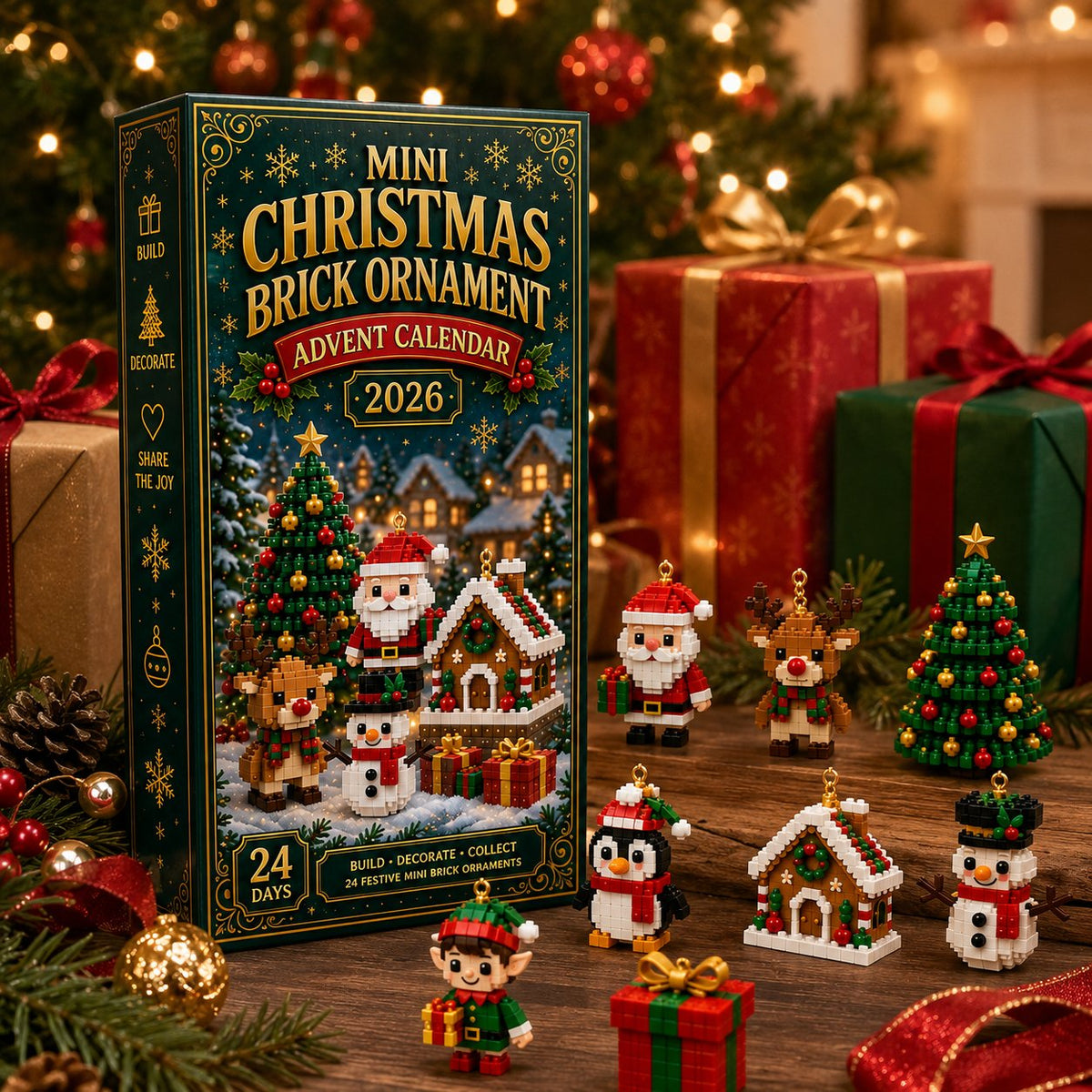 Christmas tree decorated with mini brick ornaments