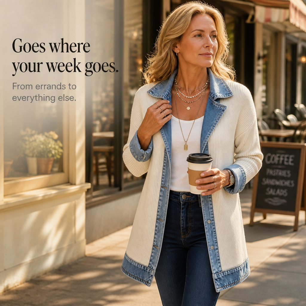 Ribova – Ribbed Knit Coat with Denim Panels