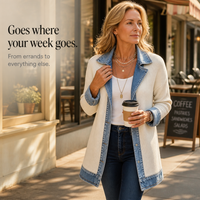 Ribova – Ribbed Knit Coat with Denim Panels