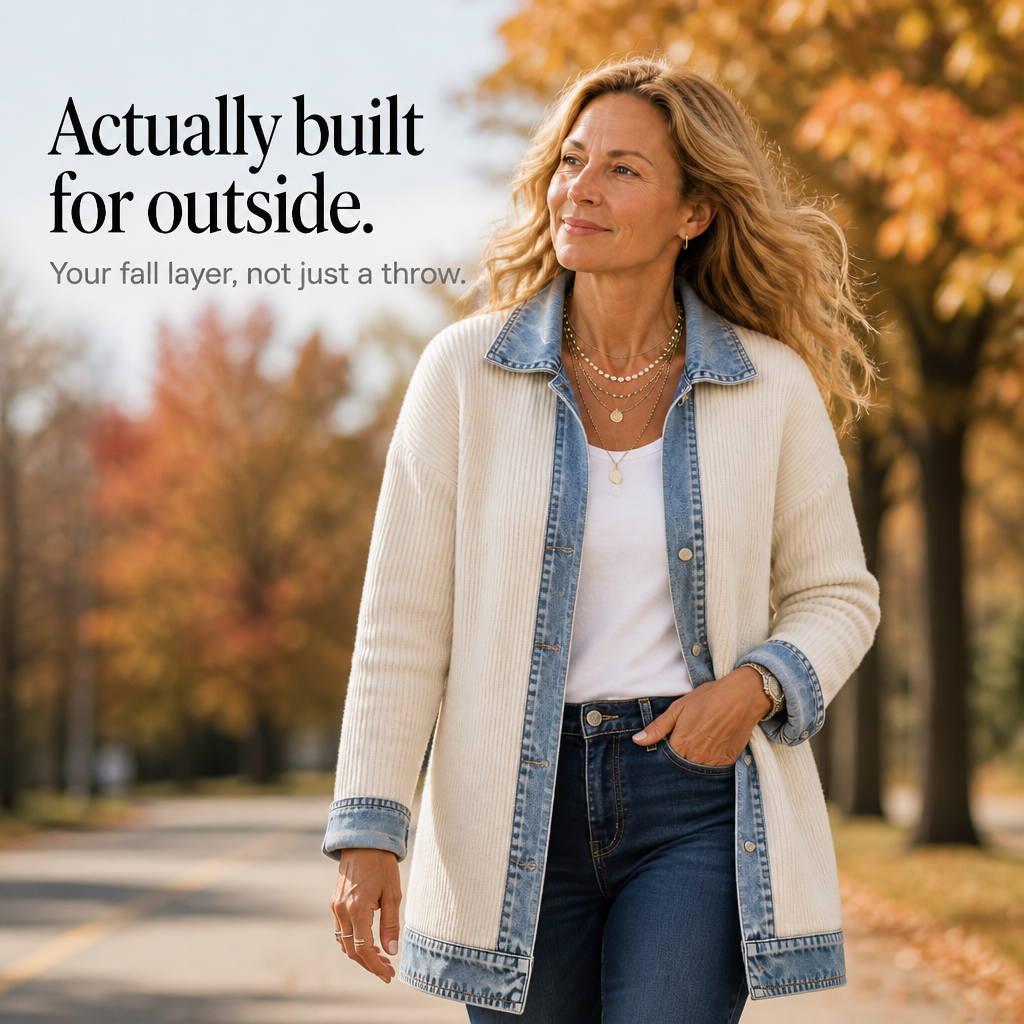 Ribova – Ribbed Knit Coat with Denim Panels