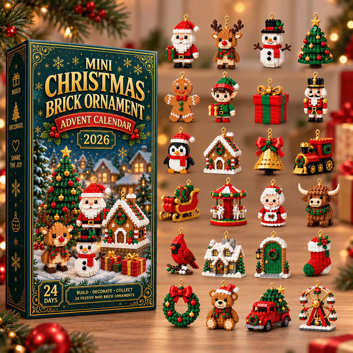 All 24 mini brick Christmas ornaments from the advent calendar