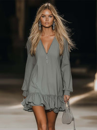 Mabel – Zip V-Neck Ruffle-Hem Mini Dress