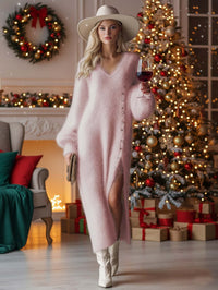 Maribel – Fluffy Knit V-Neck Midi Dress