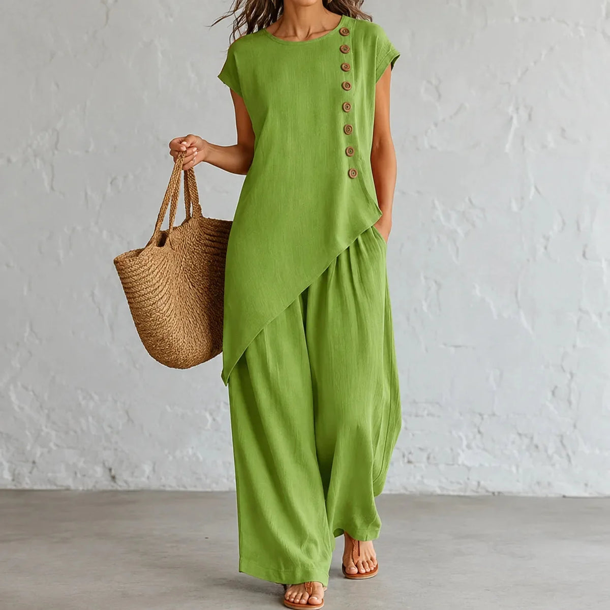Elovena – Asymmetric Hem Top & Wide-Leg Pants Set