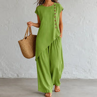 Elovena – Asymmetric Hem Top & Wide-Leg Pants Set