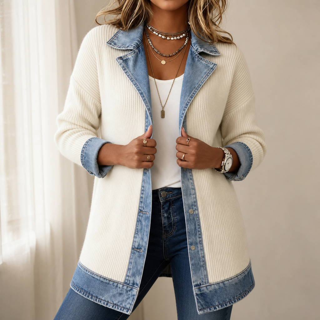 Ribova – Ribbed Knit Coat with Denim Panels