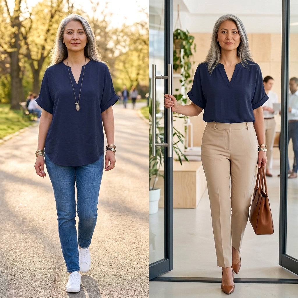 Wovena – Breezy V-Neck Blouse with Curved Hem