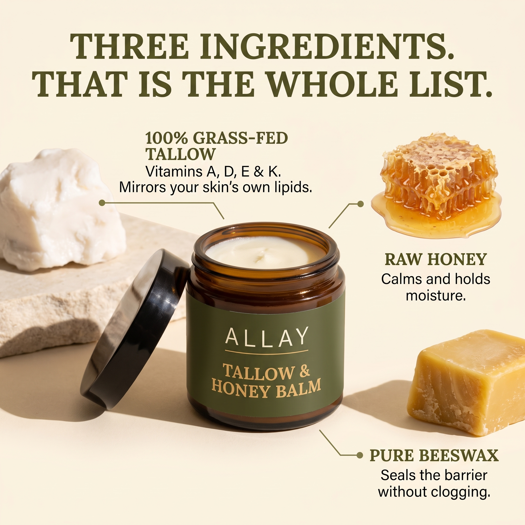 Allay — three ingredients, that is the whole list: grass-fed tallow, raw honey, beeswax Image
