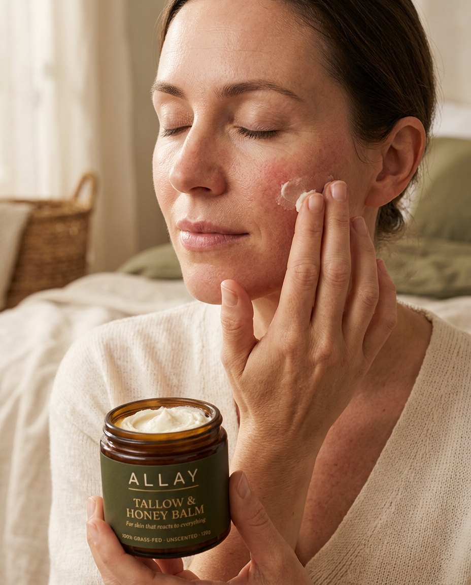 Applying Allay tallow and honey balm to calm reactive skin Image