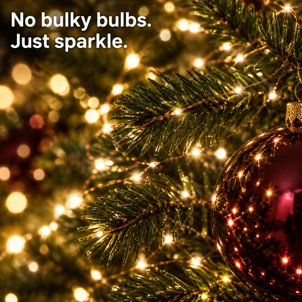 Close-up of tiny lights on a tree branch