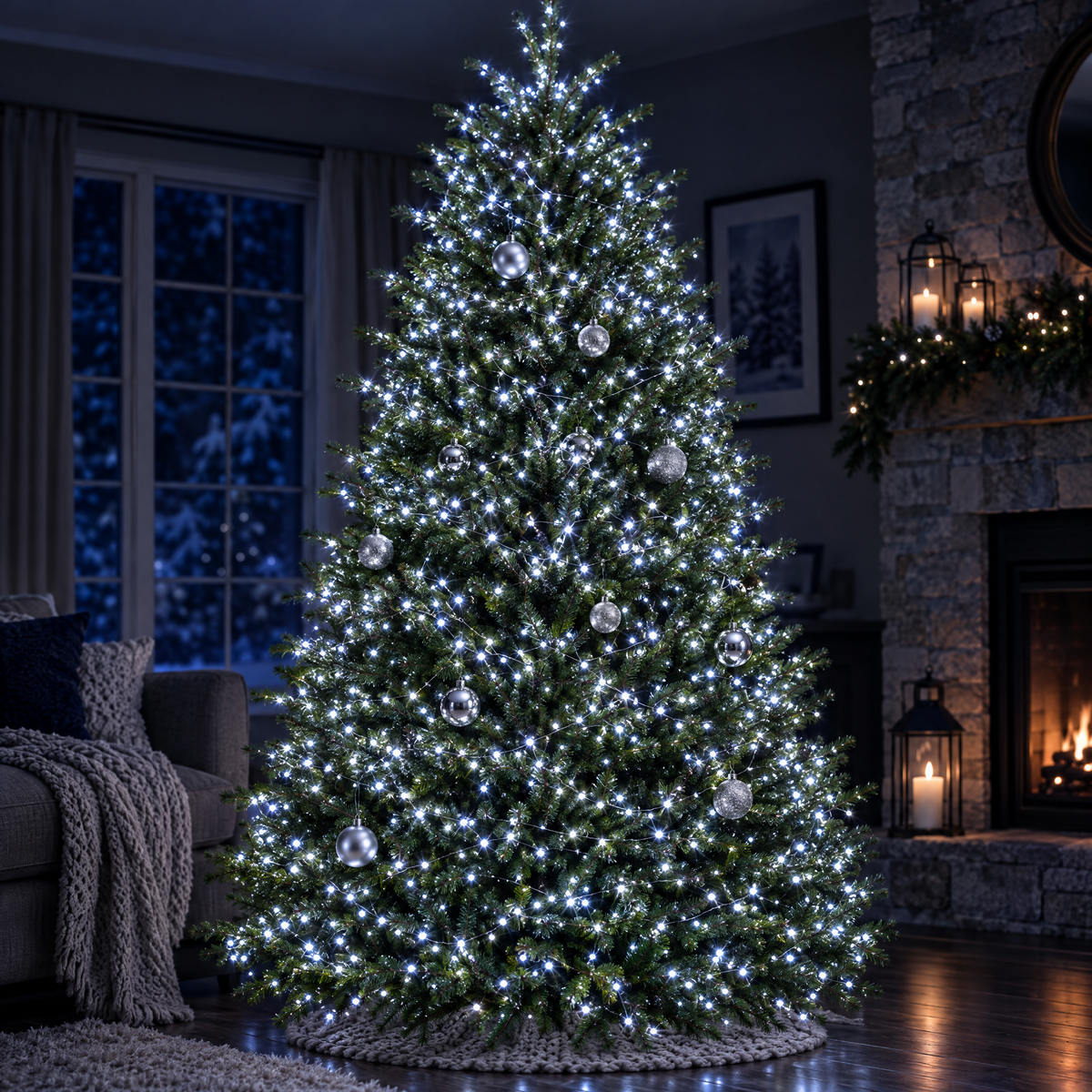 Christmas tree lit with cool white micro LED fairy lights
