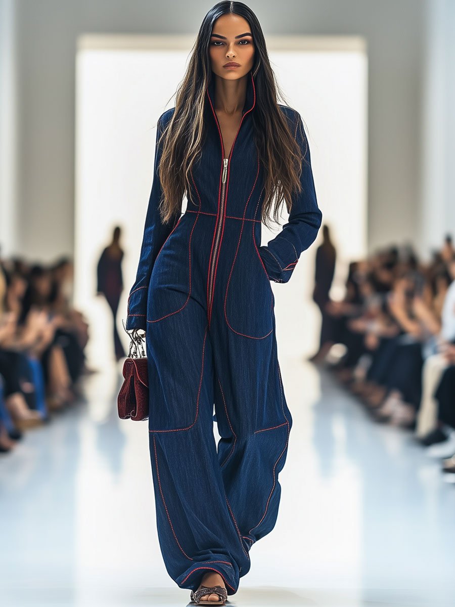 Dolores – Topstitched Wide-Leg Denim Jumpsuit