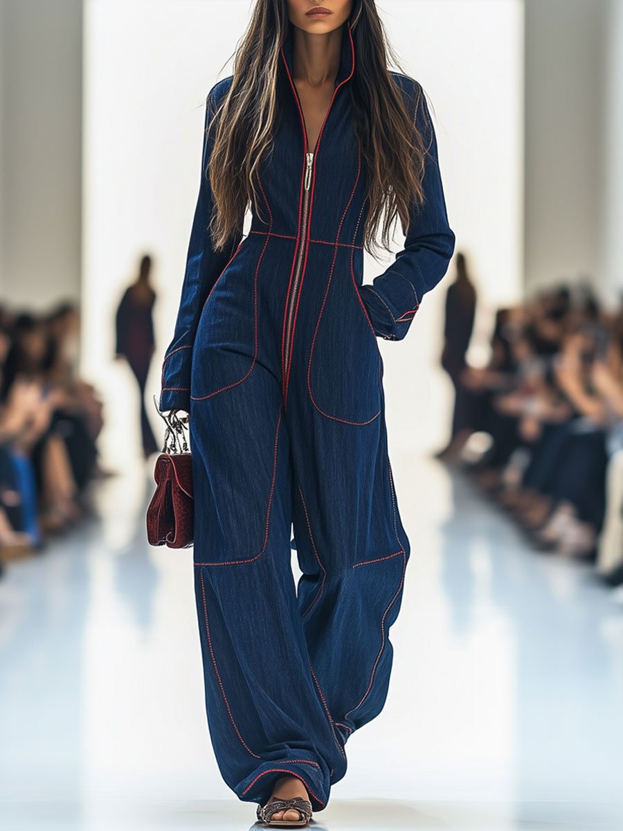Dolores – Topstitched Wide-Leg Denim Jumpsuit