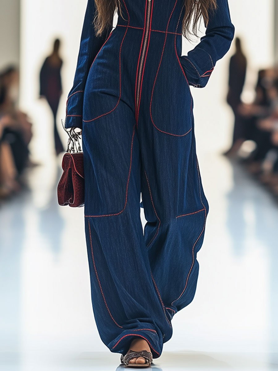 Dolores – Topstitched Wide-Leg Denim Jumpsuit