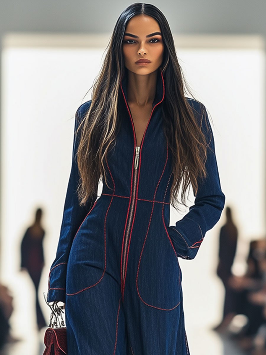 Dolores – Topstitched Wide-Leg Denim Jumpsuit