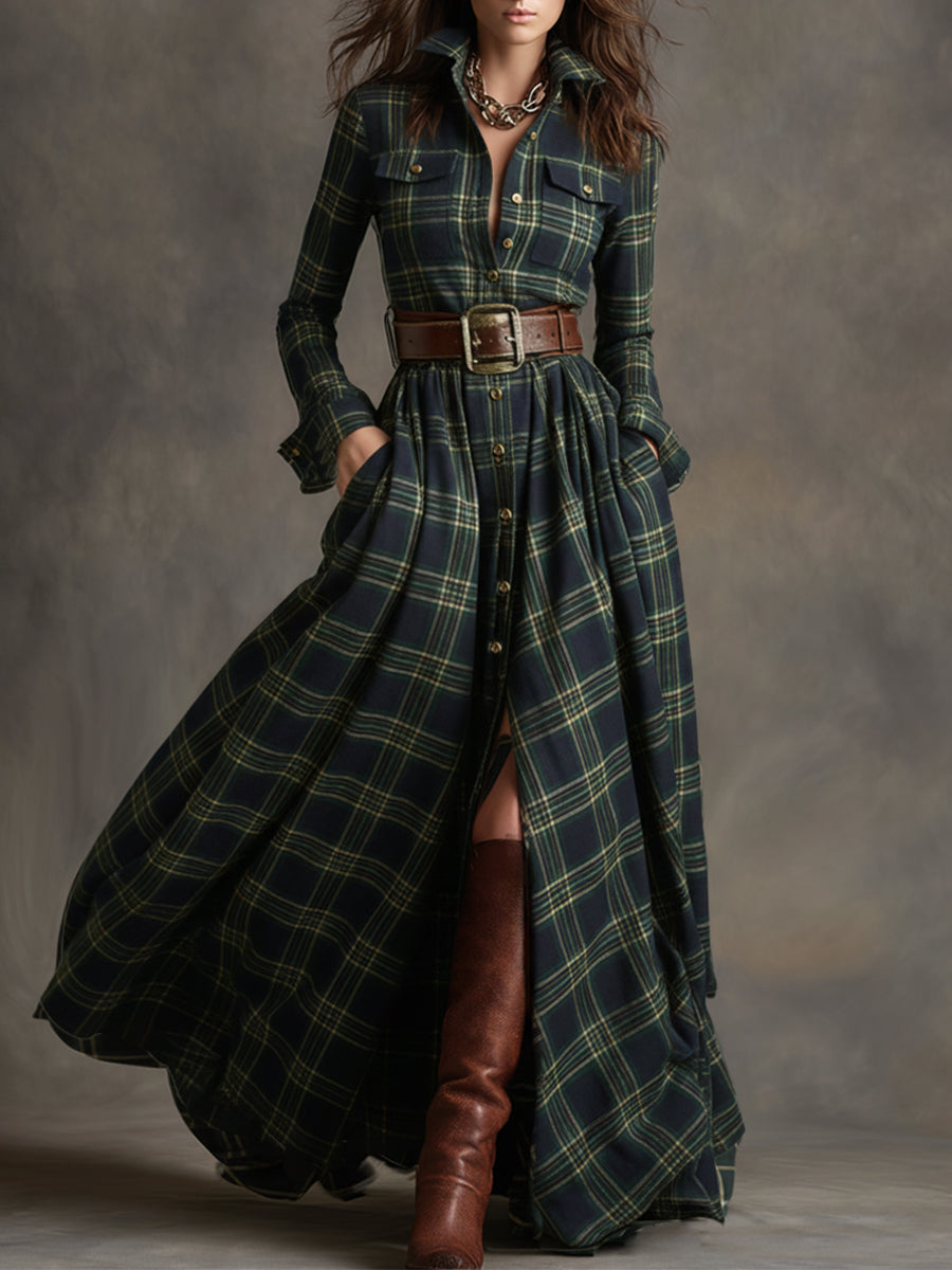 Harriet – Belted Plaid Lapel Maxi Dress