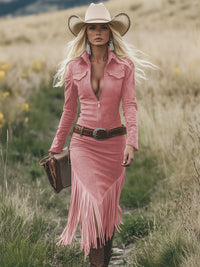 Ramona – Western Zip-Front Fringe Midi Dress