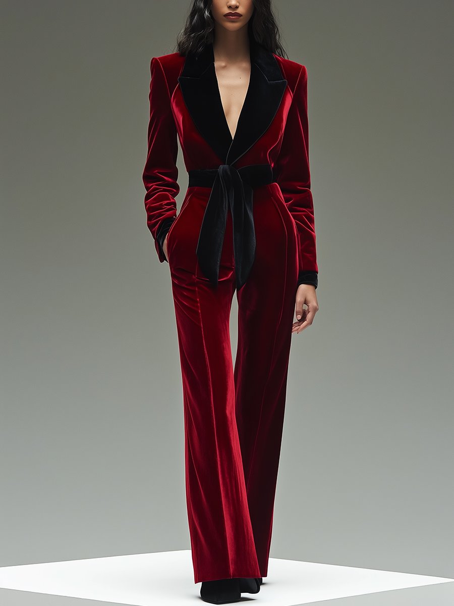 Sabrina – Belted Velvet Jumpsuit with Contrast Lapels