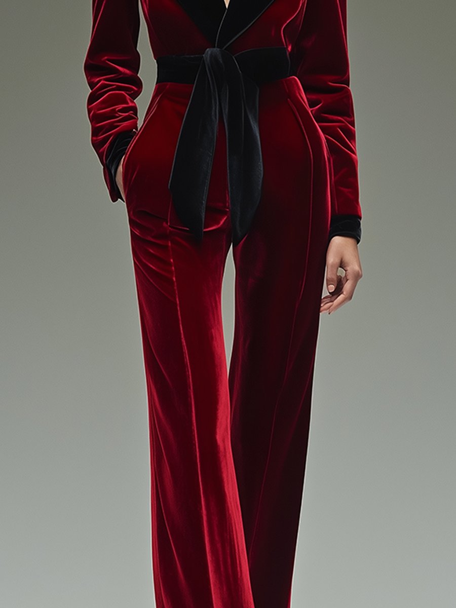 Sabrina – Belted Velvet Jumpsuit with Contrast Lapels