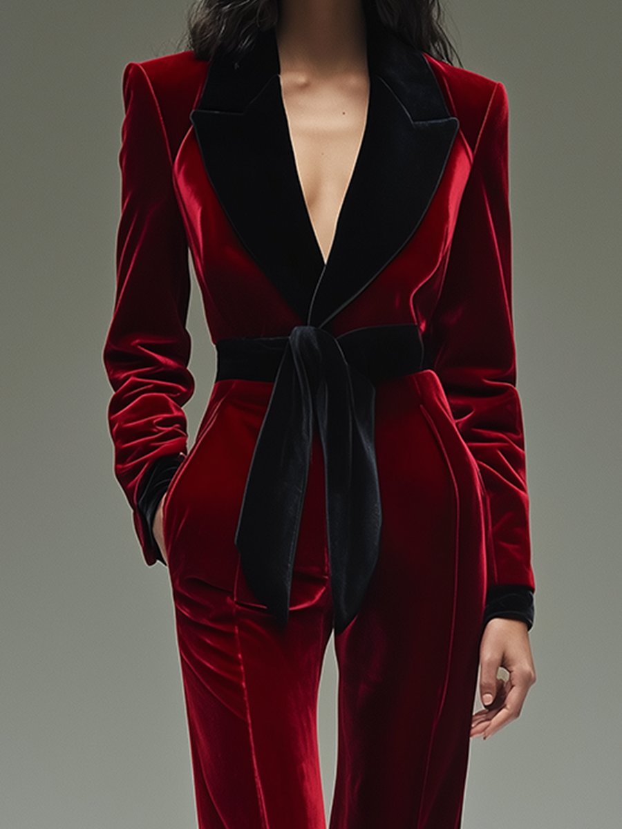 Sabrina – Belted Velvet Jumpsuit with Contrast Lapels