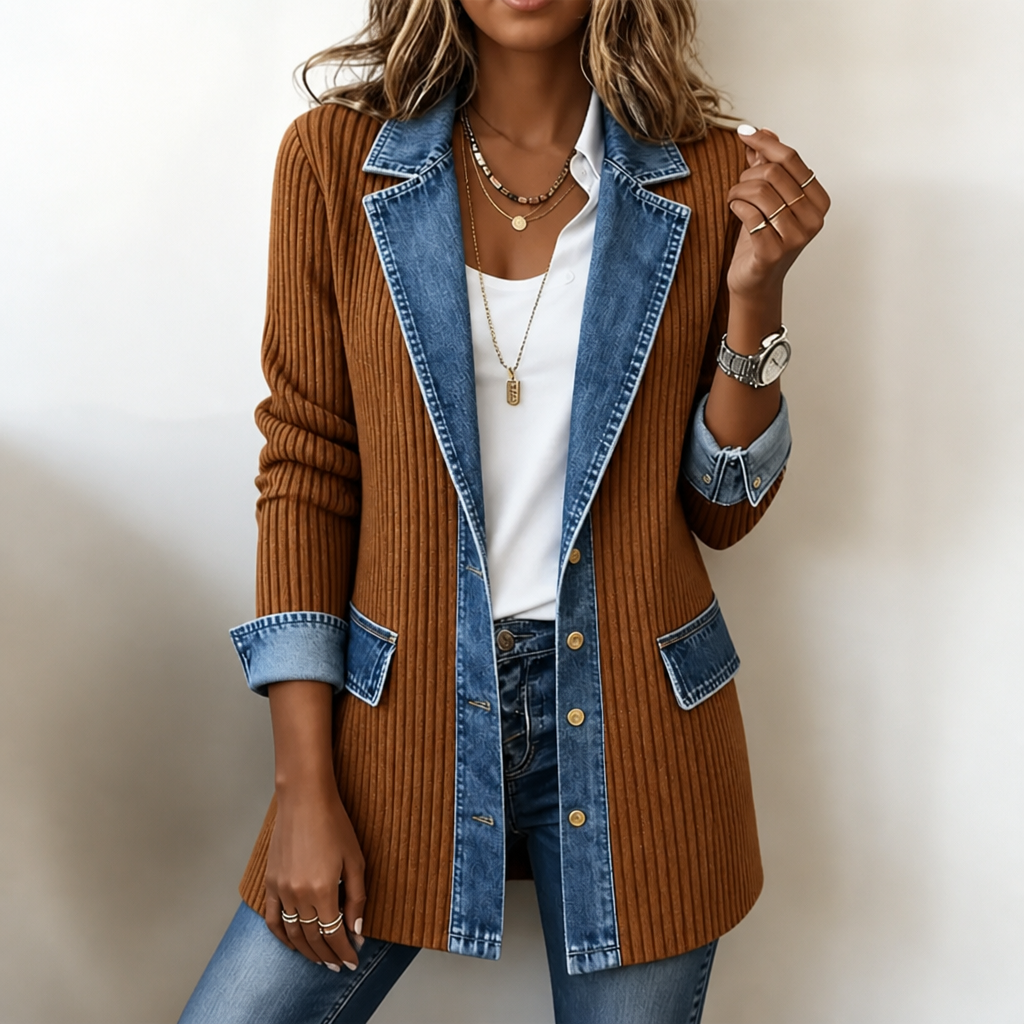 Ribova – Ribbed Knit Coat with Denim Panels