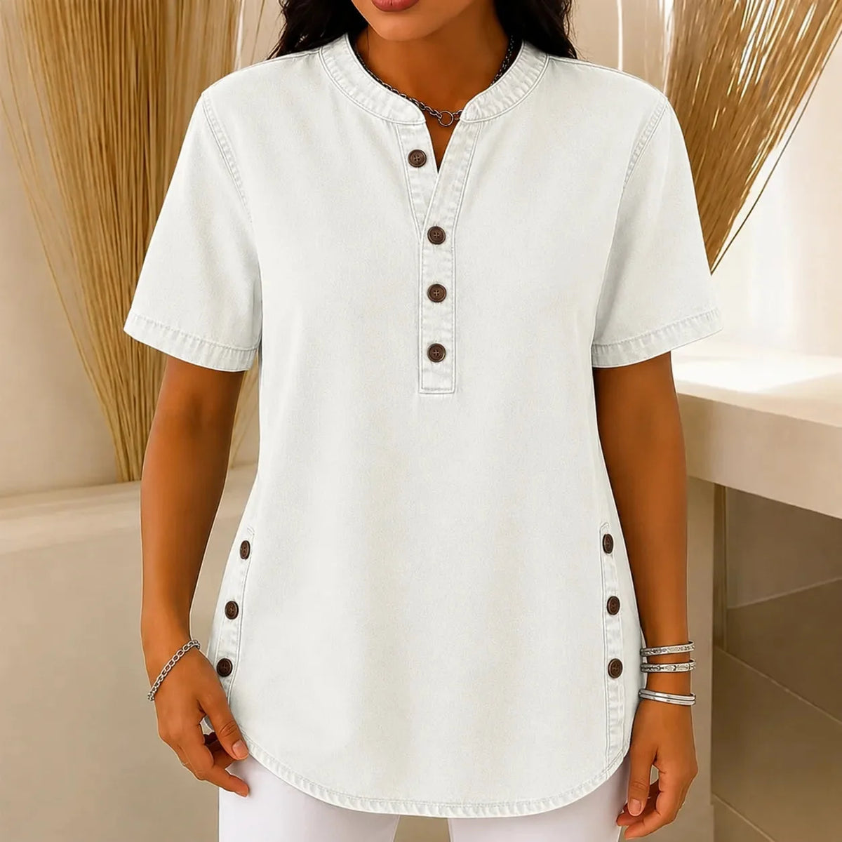 Avelyn – Henley Tunic Top with Side Buttons