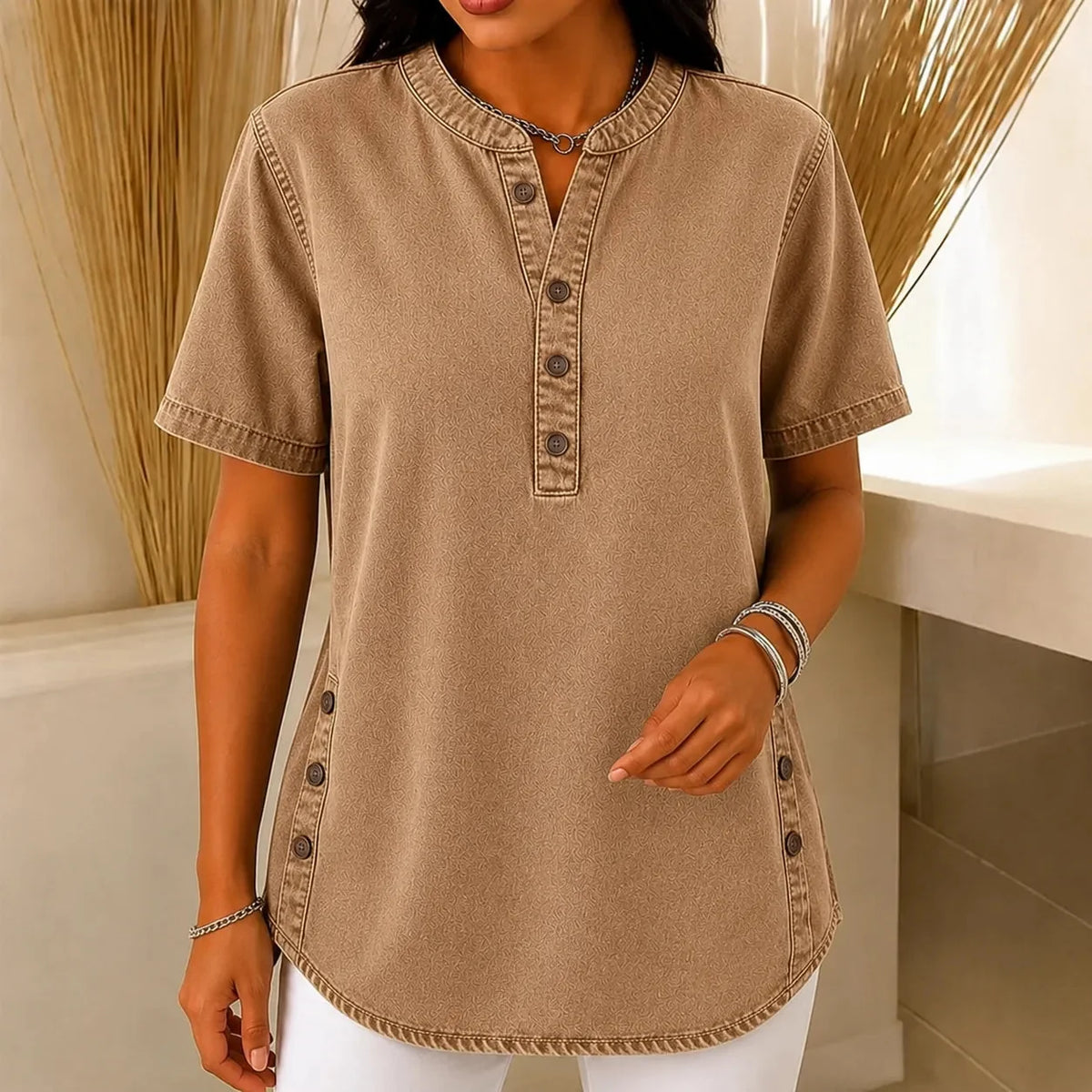 Avelyn – Henley Tunic Top with Side Buttons
