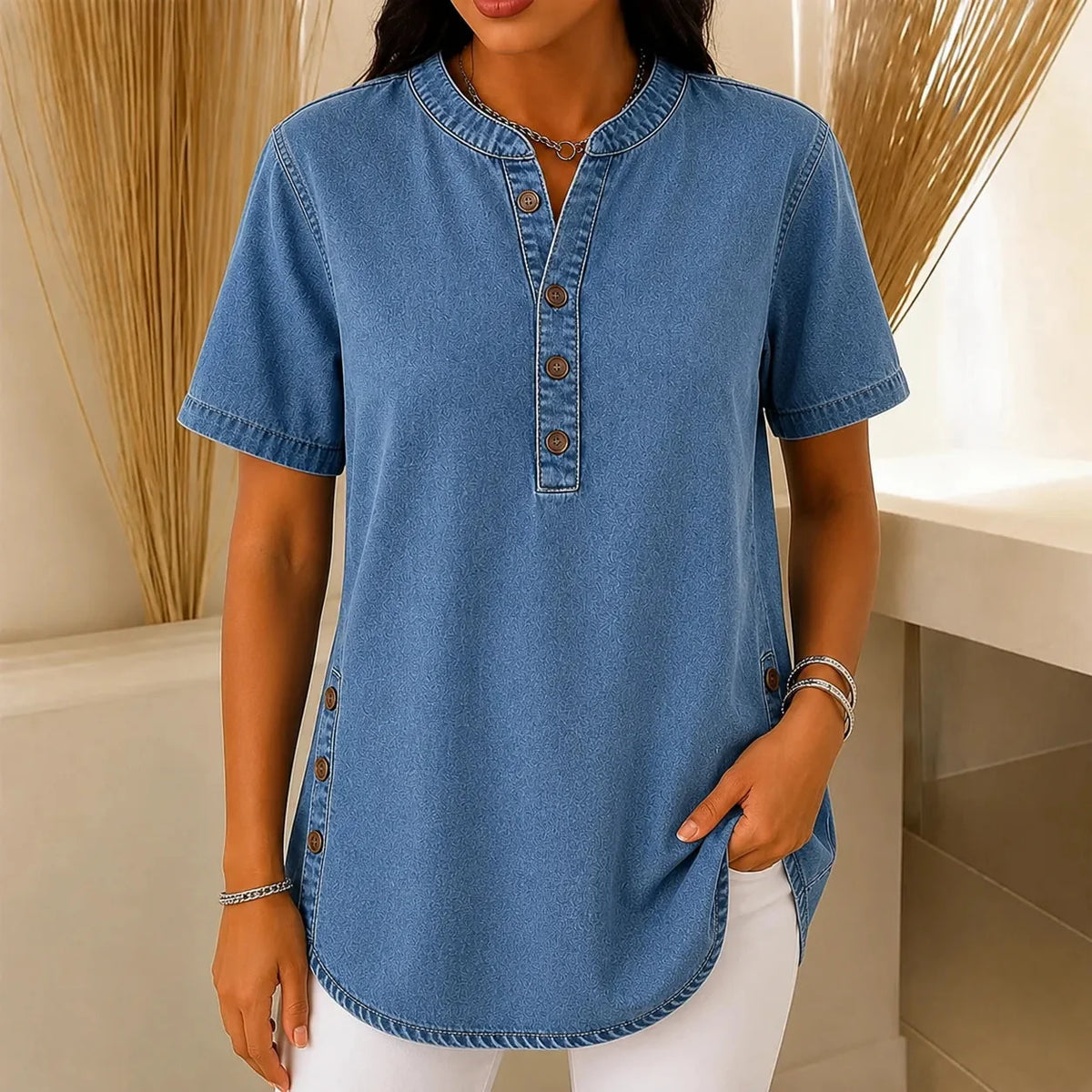 Avelyn – Henley Tunic Top with Side Buttons
