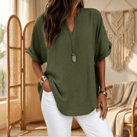 Wovena – Breezy V-Neck Blouse with Curved Hem
