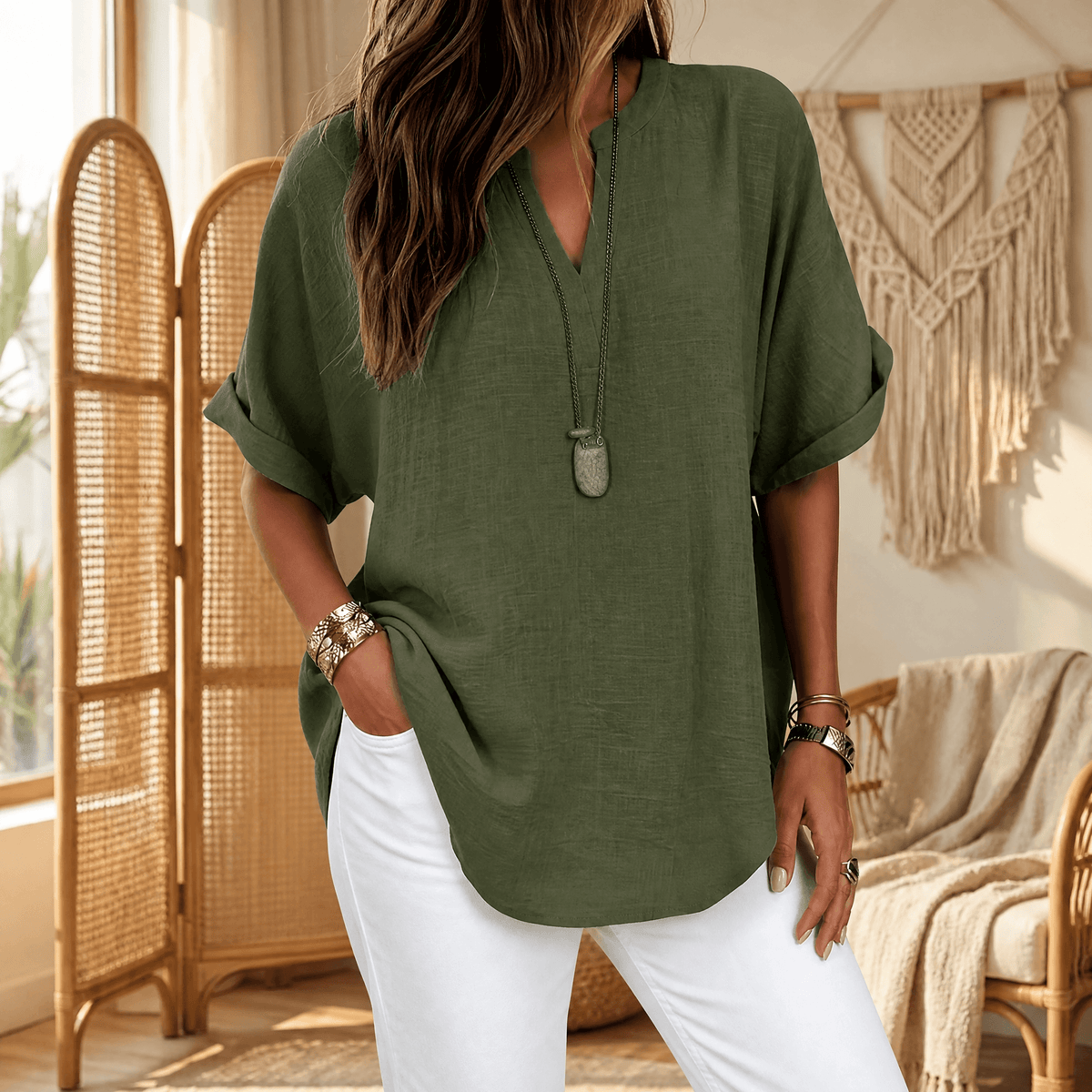 Wovena – Breezy V-Neck Blouse with Curved Hem